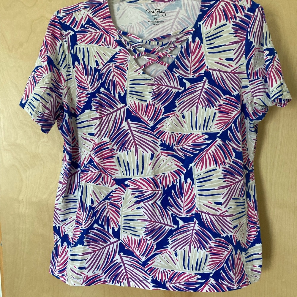 Coral Bay Women's NWOT Blue and Pink Tropical Leaf Women’s Size Petite Large